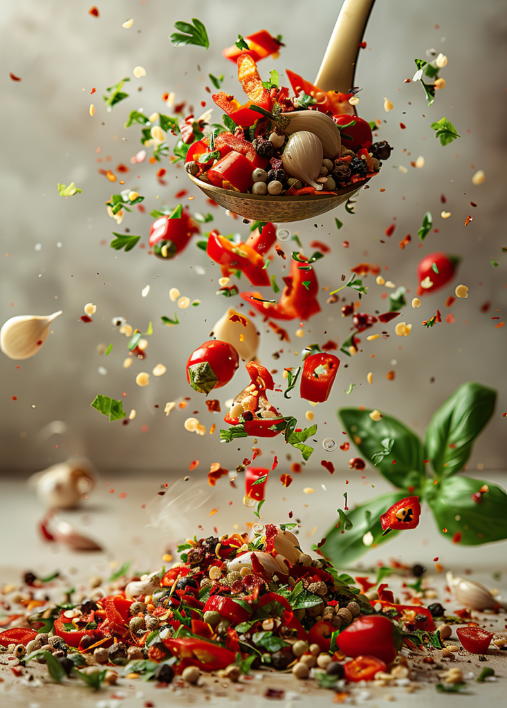 Flying Spices and Fresh Ingredients in a Ladle