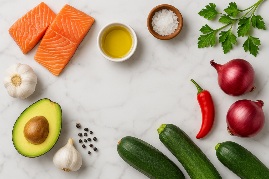 Overhead view of fresh ingredients arranged on a white marble countertop, including salmon fillets, chili peppers, parsley, lemon slices, olives, and a small bowl of olive oil—styled with an open center for visual balance.