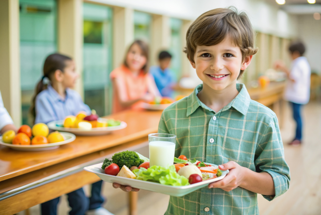 Smiling boy holding a tray of healthy lunch in school cafeteria