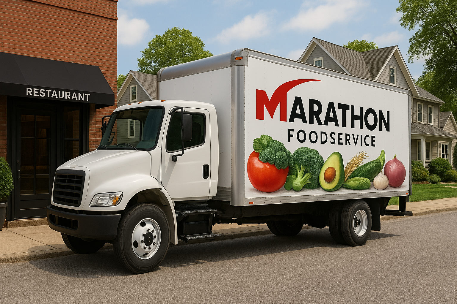 A white Marathon Foodservice delivery truck is parked outside a brick restaurant in a quiet suburban neighborhood