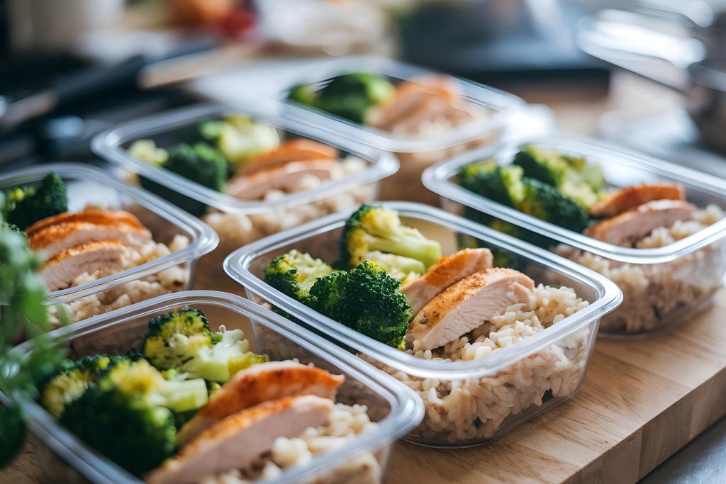 healthy meal prep containers filled with chicken, broccoli, and brown rice