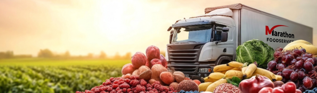 Freshly Harvested Fruits And Vegetables Ready For Transportation on Farming Background with Logo