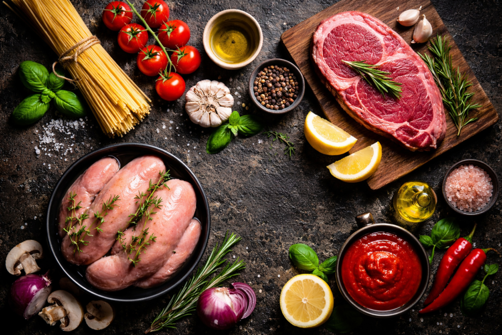 Overhead view of various raw food ingredients including steak, sausages, pasta, tomatoes, and spices