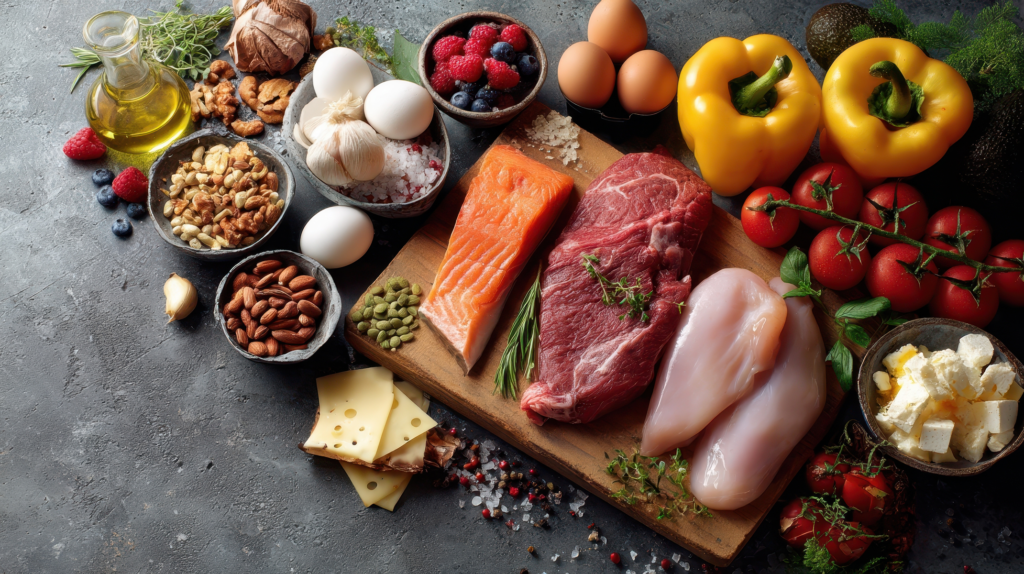 The colorful assortment of fresh ingredients on a rustic kitchen countertop