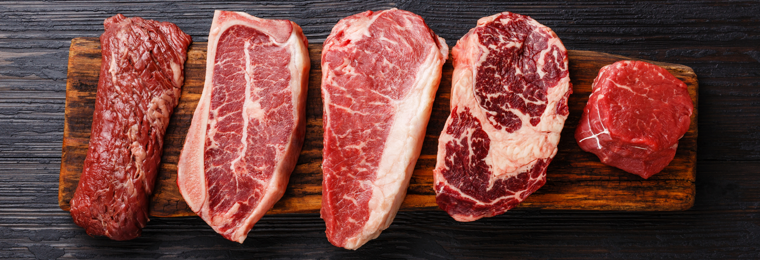 Variety of Raw Black Angus Prime meat steaks